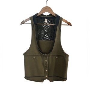 Free People Olive Green Crochet Back Button Up Vest Raw Edge Sleeveless Top Vest